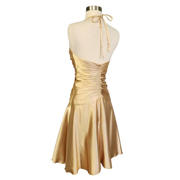Jessica McClintock Womens Vintage Halter Dress Size 4 Gold Y2K Ruched Drop Waist - Picture 6 of 16